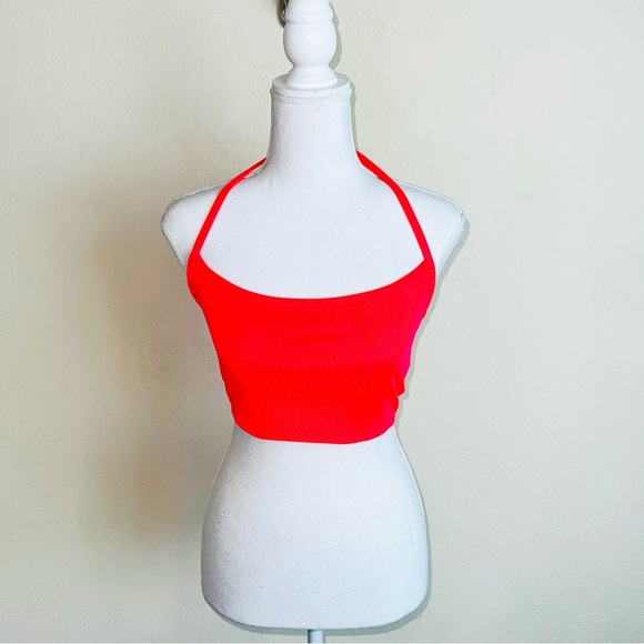 NWT Forever 21 Ribbed Coral Knit Tie Halter Crop Top Tank Top - Picture 1 of 8
